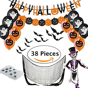 Jonami Decorazioni Halloween Casa XXL - Festone Happy Halloween, Festoni, Palloncini, Ragnatela, Pipistrelli 3D, Scheletro Articolato, Straccio Raccapricciante Nero Panno di Stoffa Spaventoso