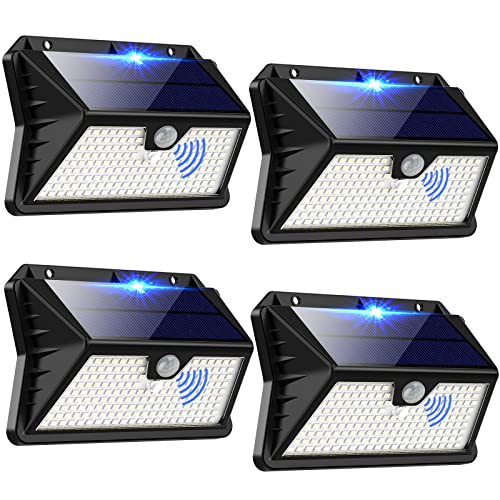 Faro LED Esterno con Pannello Solare, Luce Solare LED Esterno con Sensore di Movimento, 185 LED/3 Modos Lampada Solare da Esterno, 2200mAh IP65 Impermeabile LED Lampione per Giardino, Parete[4 Pezzi]