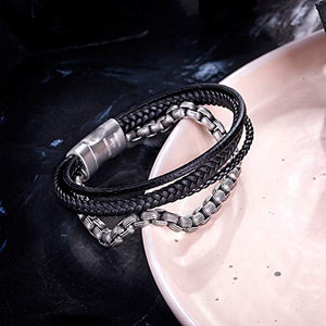 Murtoo Bracciale Uomo Acciaio Braccialetto Pelle e Pietra Nero E Argento - Ilgrandebazar