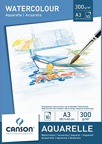Canson 200005790 - Blocco carta Acuarela, A3, 300 g/m², 10 fogli, Bianco 1x A3 - Ilgrandebazar