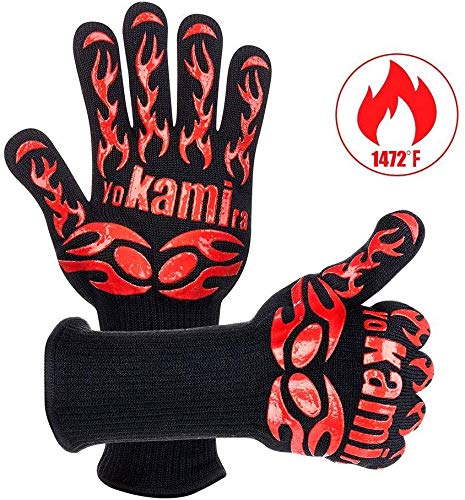 yokamira Guanti da Forno, Certificato EN407, BBQ 14 inch, Rosso E Nero - Ilgrandebazar