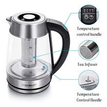 Carica l'immagine nel visualizzatore di Gallery, Aigostar Cris – Bollitore elettrico in vetro borosilicato, 2200W, 1,7 litri. Controllo della temperatura variabile, funzione di mantenimento caldo. Incluso un filtro staccabile, illuminazione a LED.