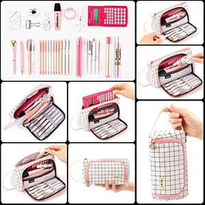 Astuccio Portamatite Grande Capacità Trucco Borsa Portamonete Plaid Bianco