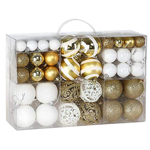 Bakaji Confezione 100 Palline Di Natale Diametro 3/4/6 cm Addobbi e Decorazioni Per Albero Di Natale (Bianco Oro)
