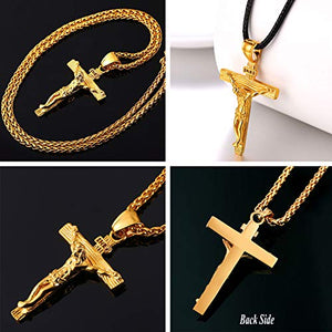 U7 Collana Pendente Crocifissa Cindolo Croce Gesù INRI 01 Oro + Catena Grano - Ilgrandebazar