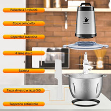 Carica l'immagine nel visualizzatore di Gallery, Nestling® 600W Robot da Cucina,Tritatutto Elettrico da 2 litri,Tritatutto per Verdure con 4 Lame Affilate per Carne, Verdure,Cipolle e Frutta [Classe di efficienza energetica A+++]