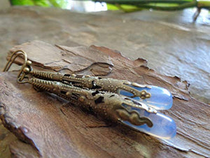 ✿ MANICA LUNGA IN BRONZO E ORECCHINI PIETRA DI LUNA - GOCCE LUNGHE ✿...