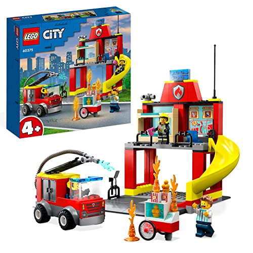 LEGO 60375 City Fire Caserma dei Pompieri e Autopompa con Camion Giocattolo dei Vigili del Fuoco, Giochi per Bambini e Bambine dai 4 Anni, Idee Regalo