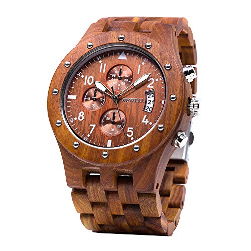 BEWELL Orologio Legno Uomo Cronografo Al quarzo con Cinturino in Rosso Ilgrandebazar