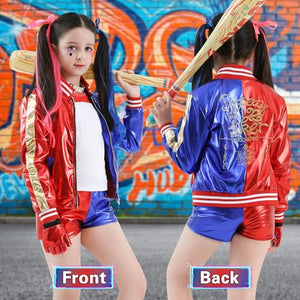 Forfamy Costume Halloween Bambina, Harley Queen Cosplay Outfit con Gonfiabile Mazza da Baseball Giacca Maglietta Pantaloncini Guanto Collana e Parrucca per Carnevale Halloween (140)
