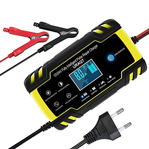 URAQT Caricabatteria Auto, 12V/24V 8A Multi Protezioni Caricatore Giallo