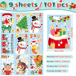 COZII Vetrofanie Natalizie per Finestre 101 Pezzi - 9 Fogli Adesivi Natalizi per Finestre, Addobbi Natalizi Riutilizzabili, PVC Adesivi Statici Rimovibile, Festa Natale Decorazioni