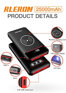 RLERON Power Bank 25000mAh Wireless, Caricabatterie Portatile con 2 Rosso - Ilgrandebazar