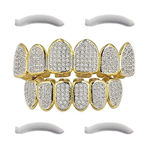 24K Gold Plated Iced Out Grillz Con Diamanti Micropave CZ + 2 barre di... - Ilgrandebazar