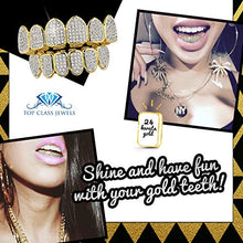 Carica l&#39;immagine nel visualizzatore di Gallery, 24K Gold Plated Iced Out Grillz Con Diamanti Micropave CZ + 2 barre di... - Ilgrandebazar