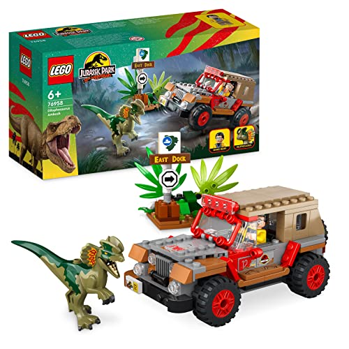 LEGO 76958 Jurassic Park L’Agguato del Dilofosauro, Set con Dinosauro Giocattolo per Bambini e Bambine dai 6 Anni in su, con Minifigure e Jeep, Collezione 30° Anniversario