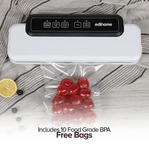 Edihome, Macchina Sottovuoto Alimenti, Professionale, Domestico, 110W, Include 10 sacchetti per alimenti, Cibo secco, Cibo umido e fresco, 80KPa