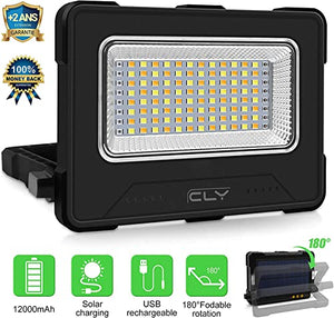 CLV Faro Luce LED Portatile 60W, Faro LED Ricaricabile USB & Solare con 12000mAh Batteria, 4 Modalità di Illuminazione 5 Luminosità, Luci da Lavoro per Cantiere, Garage, Campeggio, Emergenza