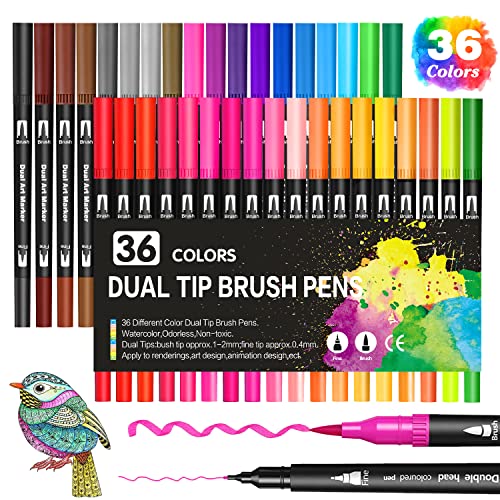 KAZATE Brush Pen Lettering 36 Colori, Pennarelli Doppia Punta Fine e Grossa Pennello per Bambini Adulto Pennarelli Set Professionali da Colorare ad Acquerello, Bullet Journal, Mandala