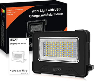 CLV Faro Luce LED Portatile 60W, Faro LED Ricaricabile USB & Solare con 12000mAh Batteria, 4 Modalità di Illuminazione 5 Luminosità, Luci da Lavoro per Cantiere, Garage, Campeggio, Emergenza