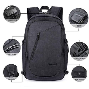 WAWJ Unisex Multiuso Antifurto Zaino con Porta USB, per PC Nero