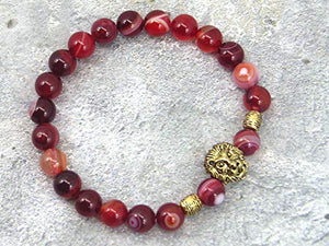 Bracciale a testa di leone agata rossa a strisce naturali con perline dorate - Ilgrandebazar