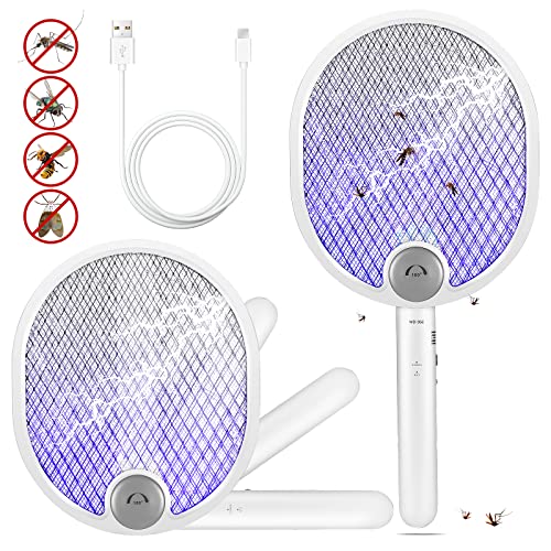 LCMOM Racchetta Zanzare Elettrica Ricaricabile 2200-4000V, 2 In 1 USB Pieghevole Racchetta Antizanzare con Luce UV, Scacciamosche Elettrico Racchetta Mosche Elettrica per Interni E Estern