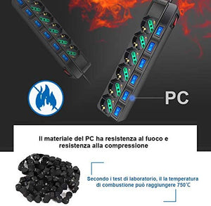 Extrastar Multipresa ciabatta elettrica 6 Posti 10/16A Bipasso Schuko 250V Max:2500W con interruttori indipendenti 1,5MT(Nero)