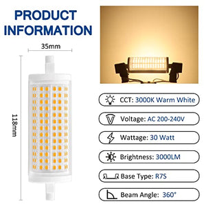 Akynite R7S LED 118mm 30W Dimmerabile 3000LM, Luce Calda 3000K, Equivalente a Lampada Alogena R7S J118 300W 250W, AC 220V, Lampadina R7S 118mm LED Ceramica alta Luminosità per Studio, 1 pezzo