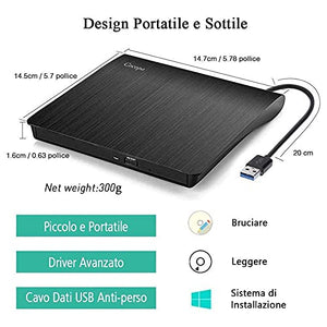 Masterizzatore DVD CD Externo, Cocopa Unità DVD Esterna USB 3.0 DVD/CD Drive DVD-R CD-RW Dispositivo Lettore di Schede Portatile Ultra Slim External Disc Per Windows 98/ME/ 2000/XP/Vista/7/8/10