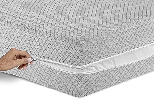Coprimaterasso in 100% policotone, copertura totale con cerniera, per letto singolo, matrimoniale, king e super king, con cerniera, anti insetti, facile da pulire (MATRIMONIALE, GRIGIO CHIARO)