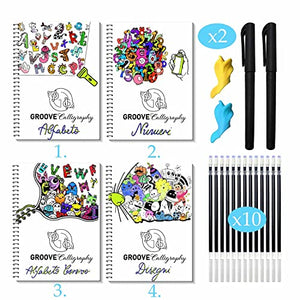 GROOVE Calligraphy 4 Quaderni Riutilizzabili, A4 con Scanalature Premium, Alfabeto, Corsivo, Numeri, Disegni+2 Penne Magiche+10 Inchiostro+2 Correttori di Postura delle Dita