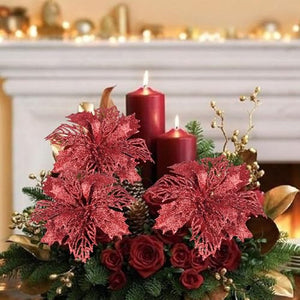 FINDIR 12 Pezzi Fiori di Natale Rossi Fiori Artificiali Natalizi Stelle di Natale Decorazioni Natalizie Natale Glitter Poinsettia Fiori di Natale Artificiali per Albero di Natale