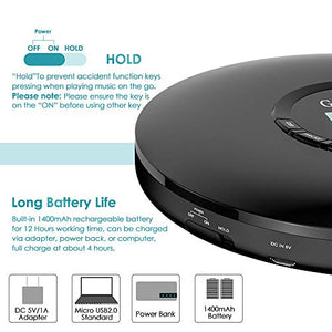 Gueray Lettore CD Portatile con Batteria al litio 1400 mAh incorporato Nero 01