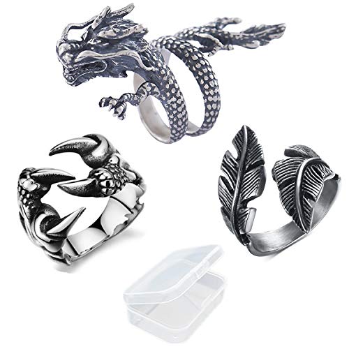 PPX 3 Pezzi Regolabile da Uomo Unisex Forma Drago Cinese e Anello a Piuma...