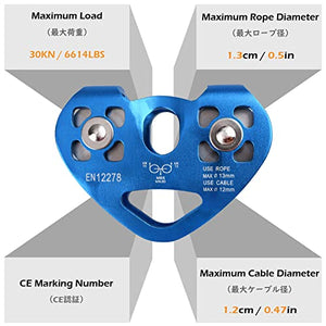 TRIWONDER 30kN Carrucola Doppia con Guance Fisse Carrucole Arrampicata per Recuperi Deviazioni di Carico Arrampicata in Falesia o Indoor Funivia (Blu)