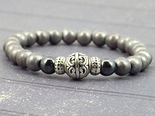 Bracciale per gli uomini in ematite nero e grigio e perle di tibetani - Ilgrandebazar