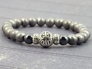Bracciale per gli uomini in ematite nero e grigio e perle di tibetani - Ilgrandebazar