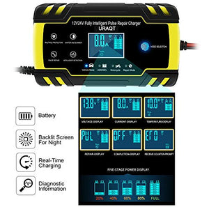 URAQT Caricabatteria Auto, 12V/24V 8A Multi Protezioni Caricatore Giallo