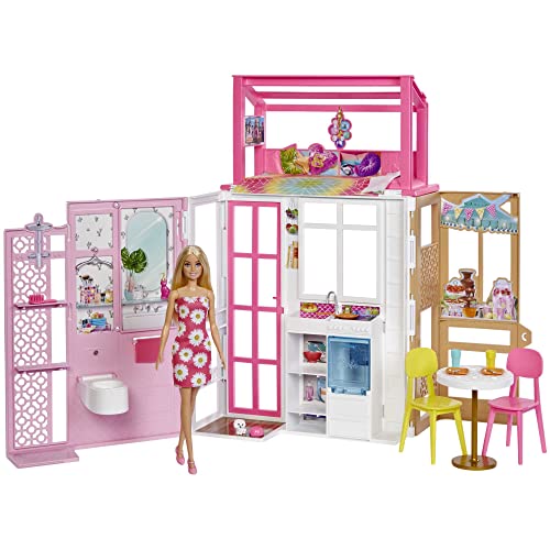 Barbie - Barbie Casa con bambola, a 2 piani e con 4 aree da gioco, completamente arredata, Giocattolo per Bambini 3+ Anni, HHY40