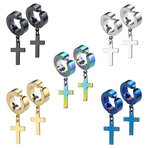 5 Paia Orecchini A Clip In Acciaio Inossidabile Per Uomo E Donna, Finti Piercing A Piuma E Cerchio, Set Colorato Argento, Oro, Nero, Blu, Arcobaleno - 2