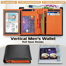 Carica l'immagine nel visualizzatore di Gallery, TEEHON® Portafoglio Uomo RFID Blocking Pelle Carbonio con 11 Porta Carte di Credito, 2 Finestra ID, Portamonete Cerniera, 2 Scomparti Banconote, Portafogli Uomo Trifold Verticale - Nero e Arancione