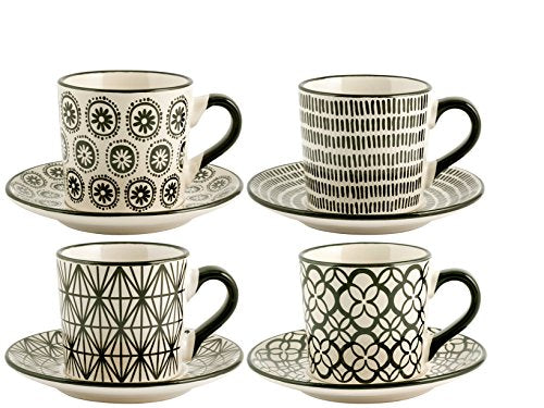 H&H Vhera Set 4 Tazze Tè con Piatto, Stoneware, Bianco/Nero, 220 ml - Ilgrandebazar