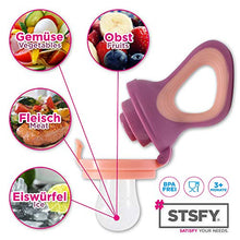 Carica l'immagine nel visualizzatore di Gallery, 2 Tettarelle Ciuccio Frutta &amp; Verdure da Mordere per Neonati e Rosa/Viola
