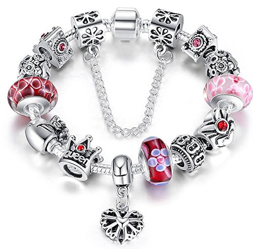 Braccialetto Pandora Stile con Perle in Vetro di Murano, Cuore Ciondolo e... - Ilgrandebazar