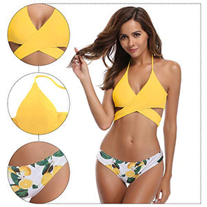 SHEKINI Costumi da Bagno Donne Due Pezzi Capestro Bendare Foglie di M, Giallo