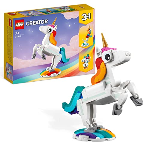 LEGO 31140 Creator Unicorno Magico con Arcobaleno, Set 3 in 1 con Animali Giocattolo Fantastici, Cavalluccio Marino e Pavone, Idea Regalo di Compleanno per Bambine e Bambini