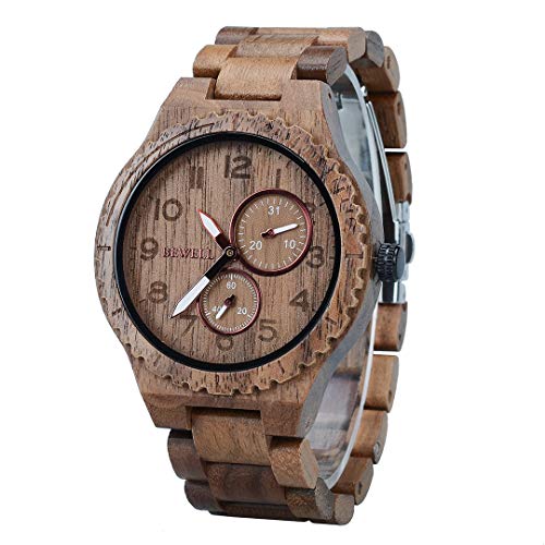 BEWELL Orologio Uomo Legno Analogico Al quarzo con Cinturino in Nero - Ilgrandebazar