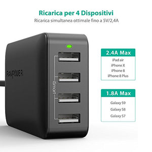 RAVPower - Caricatore da Muro RAVPower, 4 Porte USB (40W/8A Max, 2.4A Nero - Ilgrandebazar