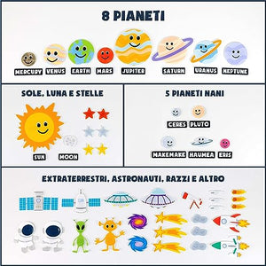 BONNYCO Sistema Solare per Bambini con 61 Figure in Feltro Giochi per Bambini, Giochi Bambina Bambino, Giochi Bambini, Regalo Bambina, Pianeti Sistema Solare Bambini | Natale Giochi Montessori